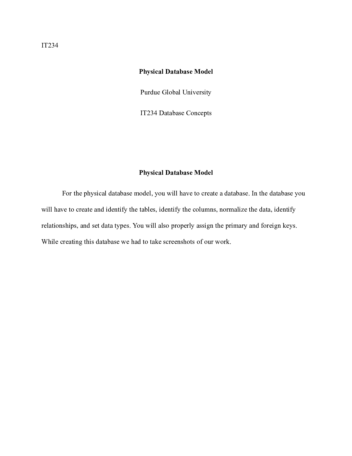 Preview image for IT234  Unit3 Assn1.docx  IT234  Physical Database Model  Purdue Global University  IT234 D